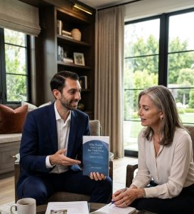 image of Iggy Khouban who is a Top Sherman Oaks Listing Agent presenting his book "Why Homes dont sell the first time and how to fix it" to a home seller.
